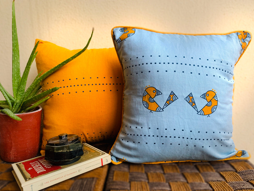 Love Birds in Sky Blue & Mustard Cushion Covers by Hathi Home